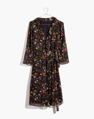 Sheer-Sleeve Ruffled Wrap Dress in Finch Floral